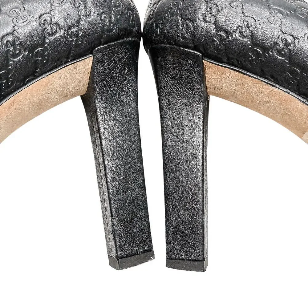 Gucci Microguccissima Black Peep Toe Pumps 38 Block High Heel GG Logo Leather - Picture 8 of 12